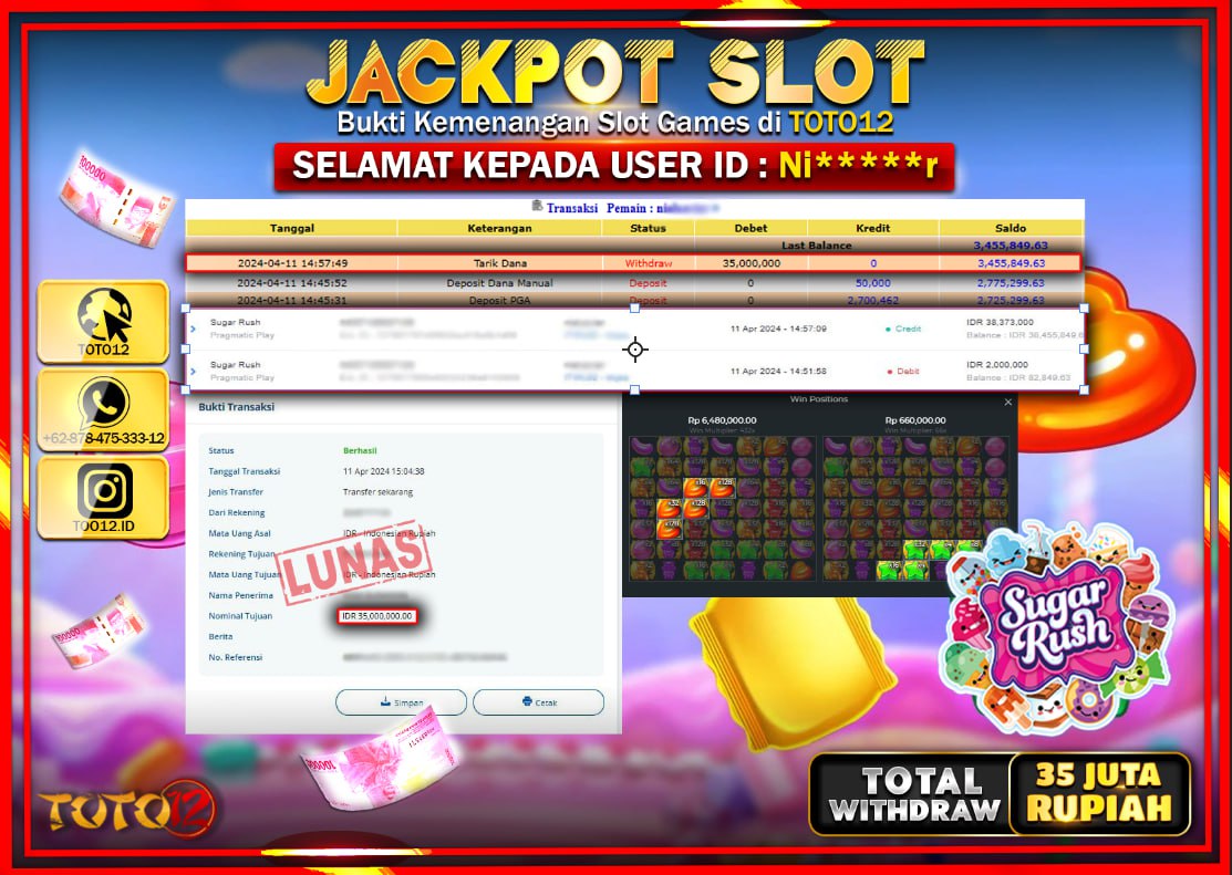 HANYA DI TOTO12 JP PASTI DI BAYAR LUNAS DAN CEPAT!!!!!! JACKPOT SLOT GAME ( SUGAR RUSH ) Rp.35.000.000 !!!!