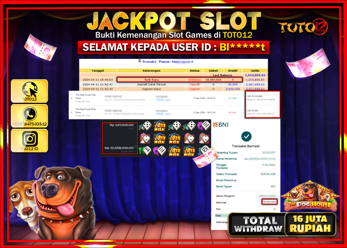 HANYA DI TOTO12 JP PASTI DI BAYAR LUNAS DAN CEPAT!!!!!! JACKPOT SLOT GAME ( THE DOG HOUSE DICE SHOW ) Rp.16.000.000 !!!!