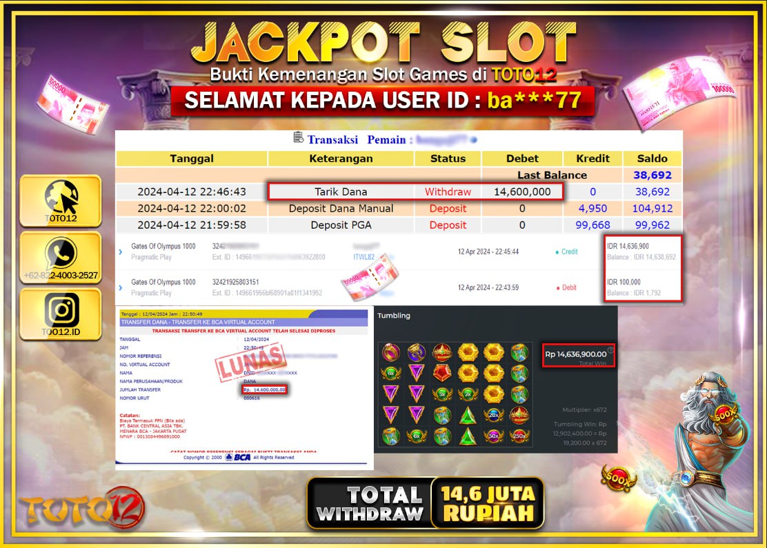 HANYA DI TOTO12 JP PASTI DI BAYAR LUNAS DAN CEPAT!!!!!! JACKPOT SLOT GAME ( GATES OF OLYMPUS 1000 ) Rp.14.613.000 !!!!
