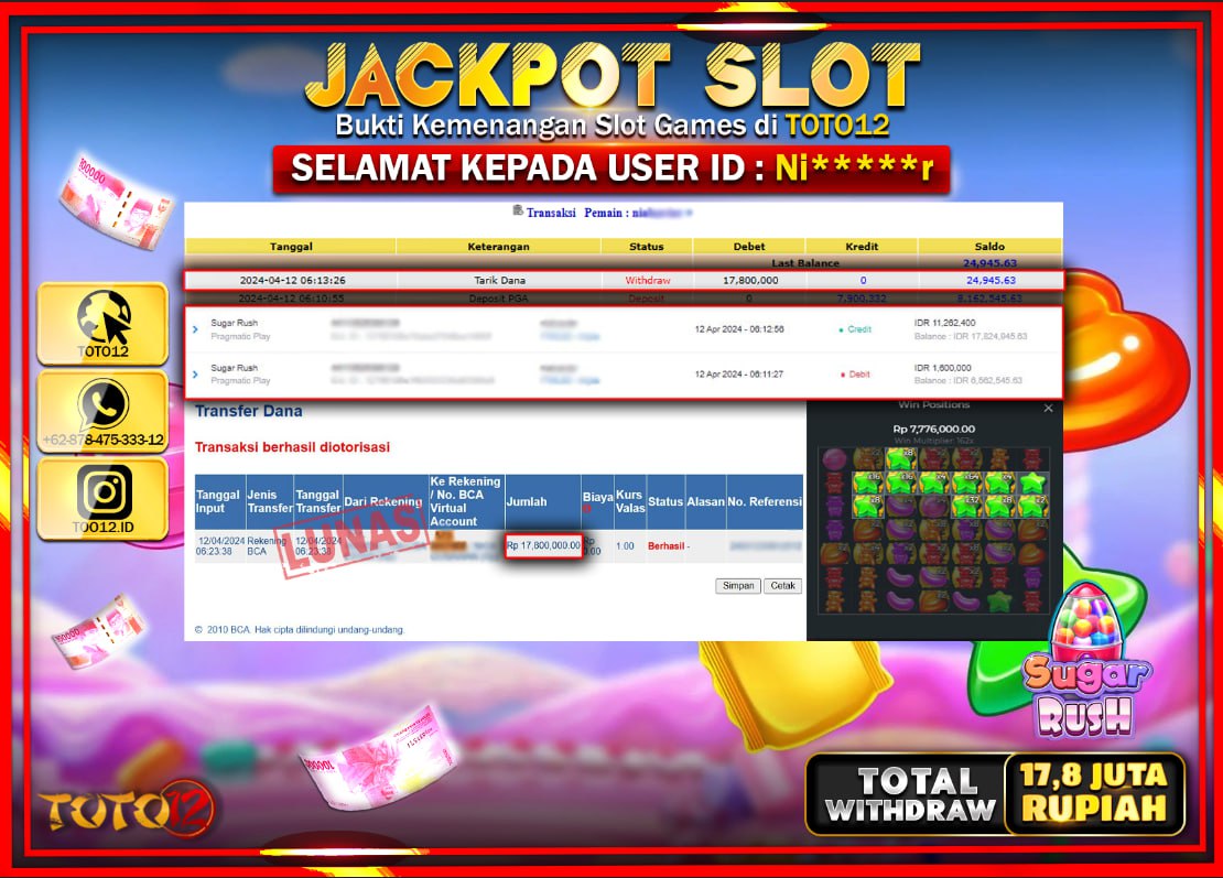 HANYA DI TOTO12 JP PASTI DI BAYAR LUNAS DAN CEPAT!!!!!! JACKPOT SLOT GAME ( SUGAR RUSH ) Rp.17.800.000 !!!!