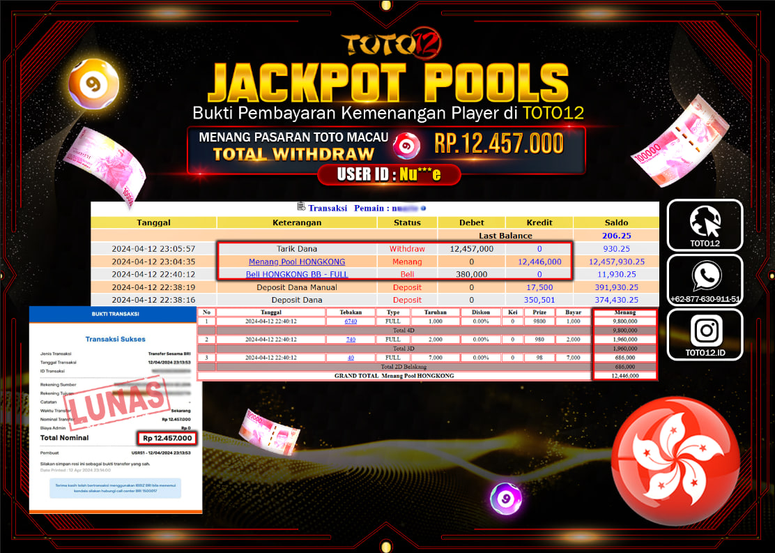 HANYA DI TOTO12 JP PASTI DI BAYAR LUNAS DAN CEPAT!!!!!! JACKPOT POOLS MENANG PASARAN ( HONGKONG ) Rp.12.457.000 !!!!