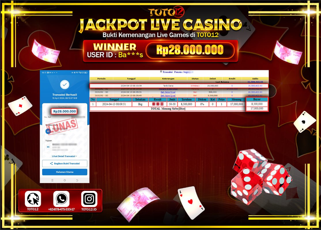 HANYA DI TOTO12 JP PASTI DI BAYAR LUNAS DAN CEPAT!!!!!! JACKPOT LIVE CASINO GAME ( SICBO DICE ) Rp.28.000.000 !!!!