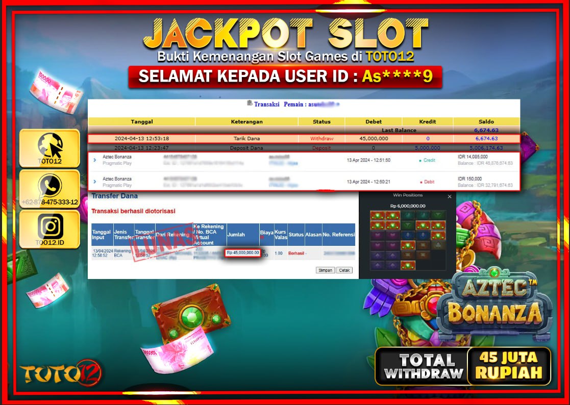 HANYA DI TOTO12 JP PASTI DI BAYAR LUNAS DAN CEPAT!!!!!! JACKPOT SLOT GAME ( AZTEC BONANZA ) Rp.45.000.000 !!!!