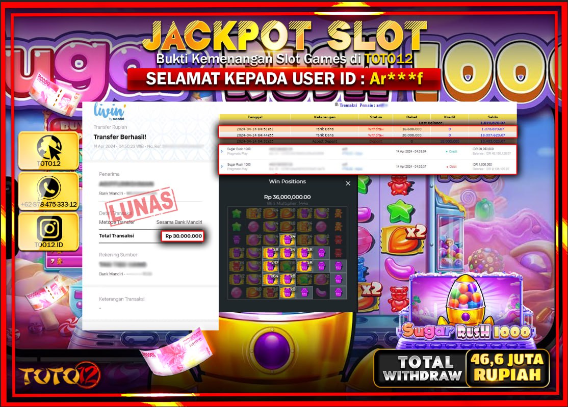 HANYA DI TOTO12 JP PASTI DI BAYAR LUNAS DAN CEPAT!!!!!! JACKPOT SLOT GAME ( SUGAR RUSH 1000 ) Rp.46.600.000 !!!!