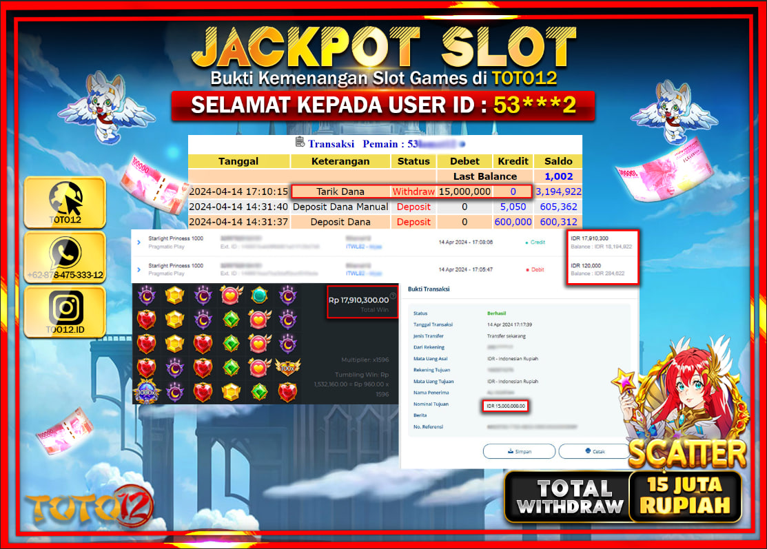 HANYA DI TOTO12 JP PASTI DI BAYAR LUNAS DAN CEPAT!!!!!! JACKPOT SLOT GAME ( STARLIGHT PRINCES 1000 ) Rp.15.000.000 !!!!