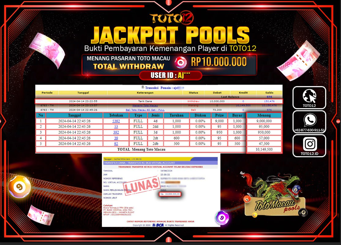 HANYA DI TOTO12 JP PASTI DI BAYAR LUNAS DAN CEPAT!!!!!! JACKPOT POOLS MENANG PASARAN ( TOTO MACAU ) Rp.10.000.000 !!!!