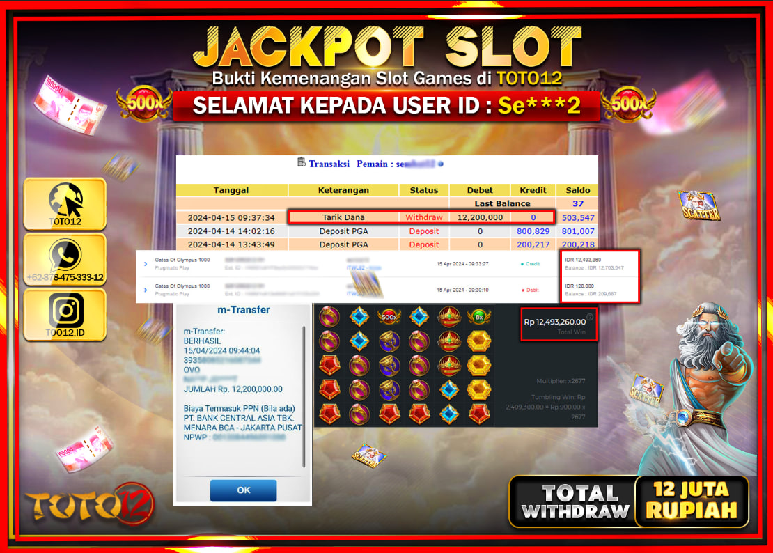 HANYA DI TOTO12 JP PASTI DI BAYAR LUNAS DAN CEPAT!!!!!! JACKPOT SLOT GAME ( GATES OF OLYMPUS 1000 ) Rp.12.000.000 !!!!