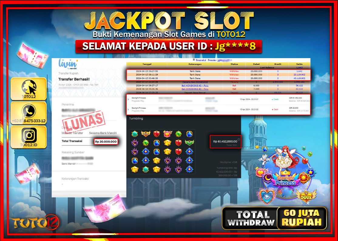 HANYA DI TOTO12 JP PASTI DI BAYAR LUNAS DAN CEPAT!!!!!! JACKPOT SLOT GAME ( STARLIGHT PRINCES ) Rp.60.000.000 !!!!