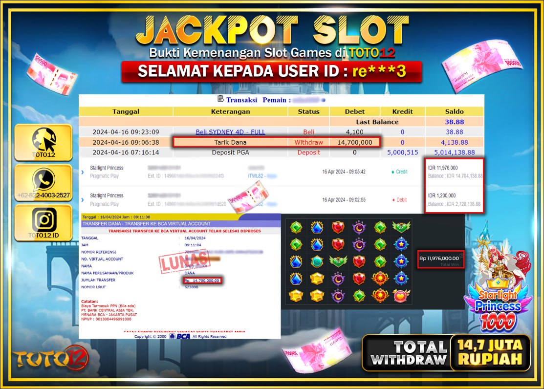 HANYA DI TOTO12 JP PASTI DI BAYAR LUNAS DAN CEPAT!!!!!! JACKPOT SLOT GAME ( STARLIGHT PRINCES ) Rp.14.700.000 !!!!