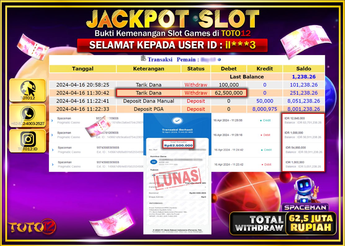 HANYA DI TOTO12 JP PASTI DI BAYAR LUNAS DAN CEPAT!!!!!! JACKPOT SLOT GAME ( SPACEMAN ) Rp.62.500.000 !!!!