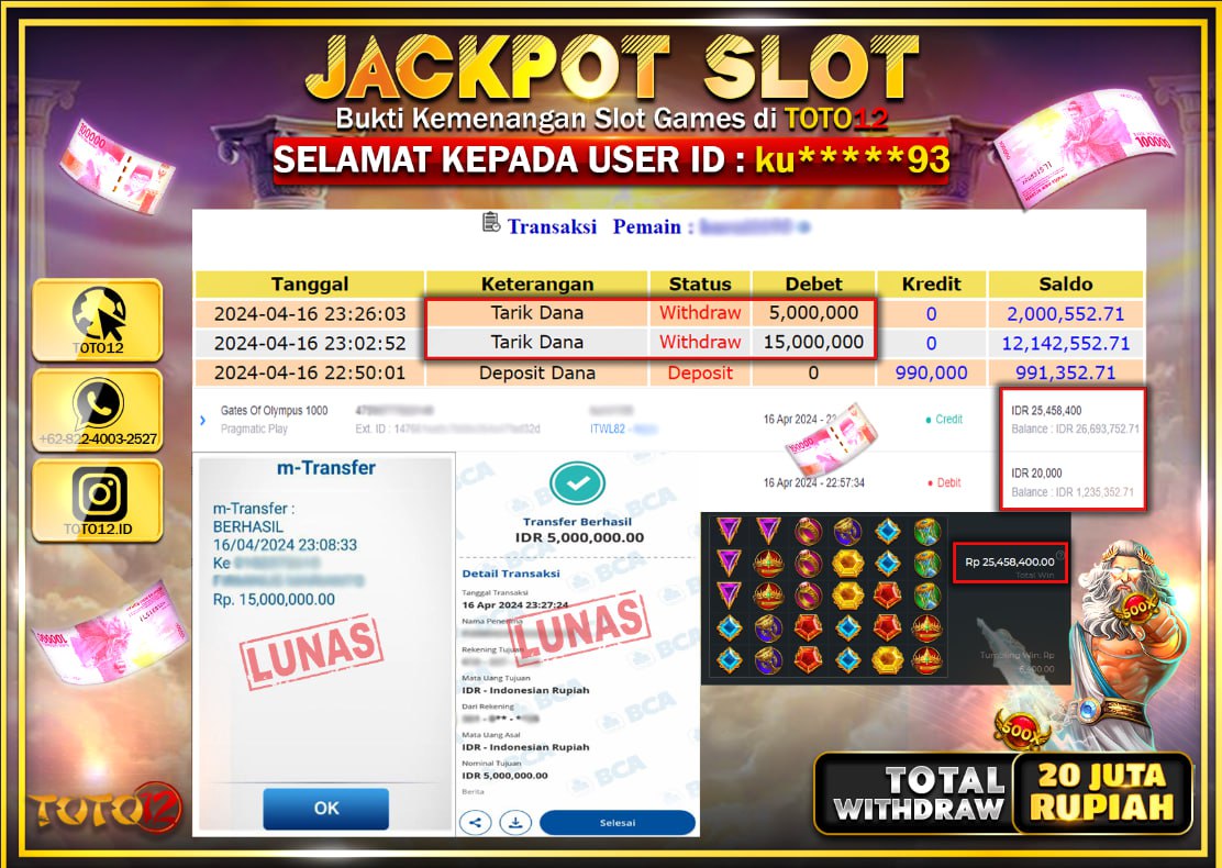 HANYA DI TOTO12 JP PASTI DI BAYAR LUNAS DAN CEPAT!!!!!! JACKPOT SLOT GAME ( GATES OF OLYMPUS 1000 ) Rp.20.000.000 !!!!