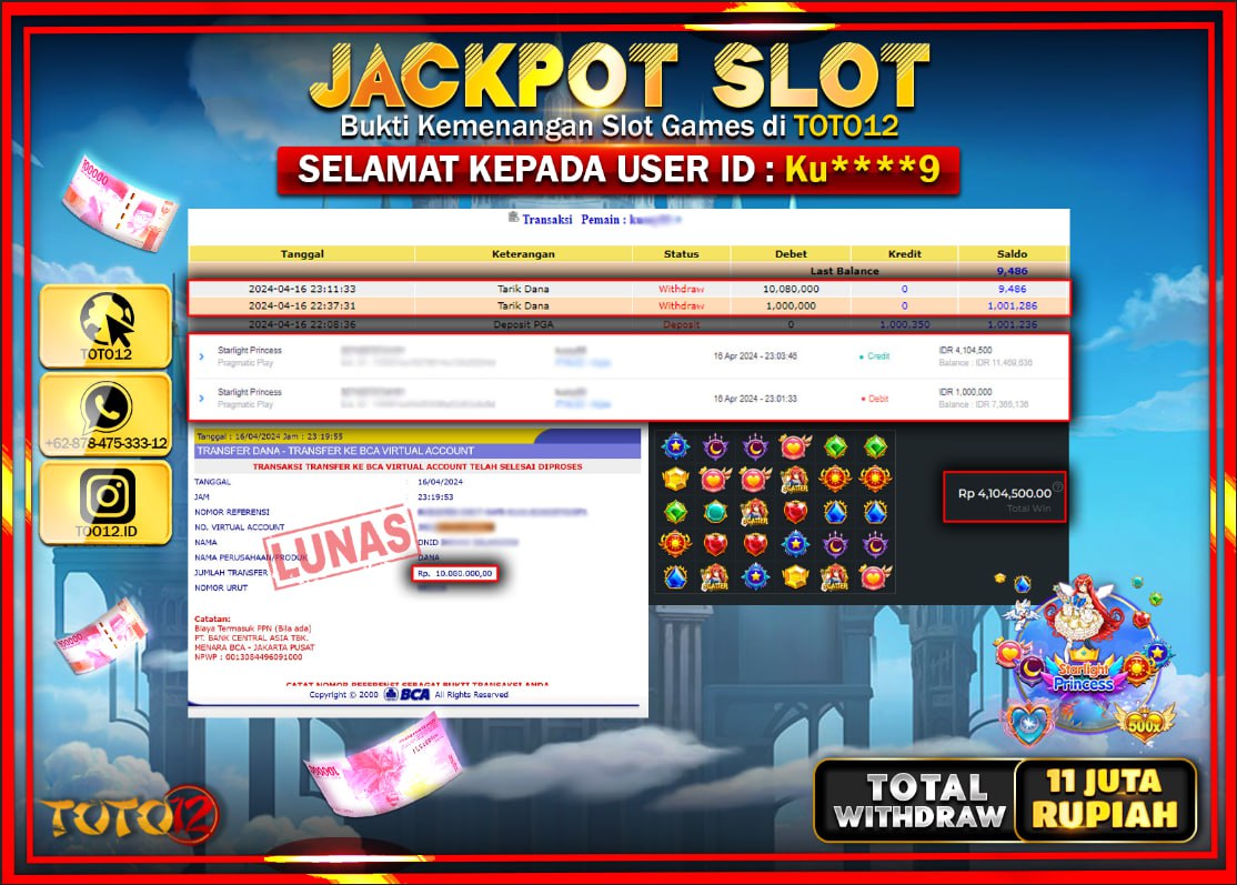 HANYA DI TOTO12 JP PASTI DI BAYAR LUNAS DAN CEPAT!!!!!! JACKPOT SLOT GAME ( STARLIGHT PRINCES ) Rp.11.000.000 !!!!
