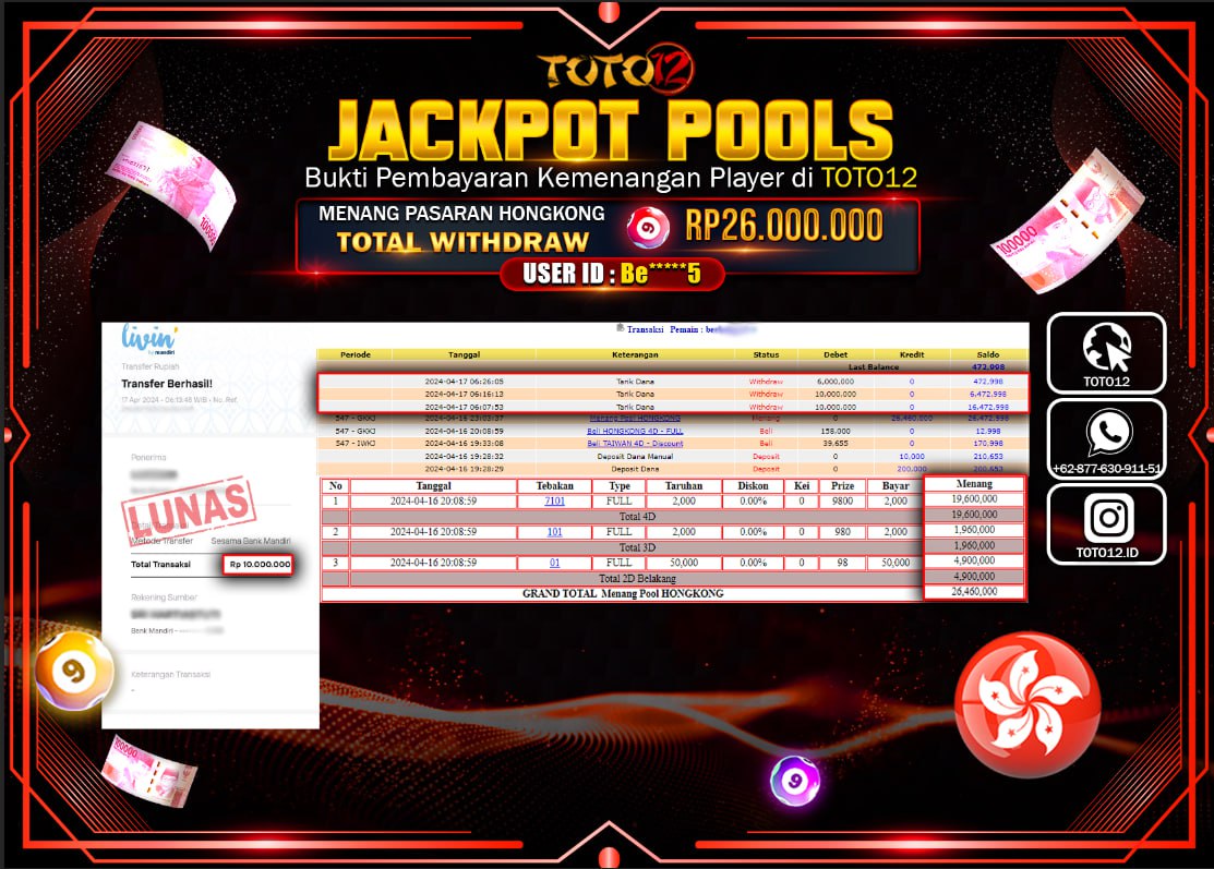 HANYA DI TOTO12 JP PASTI DI BAYAR LUNAS DAN CEPAT!!!!!! JACKPOT POOLS MENANG PASARAN ( HONGKONG ) Rp.26.000.000 !!!!