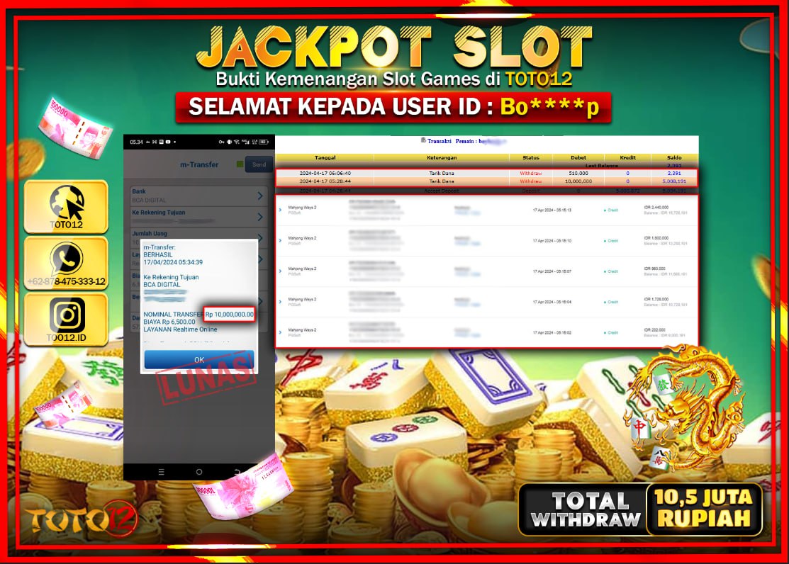 HANYA DI TOTO12 JP PASTI DI BAYAR LUNAS DAN CEPAT!!!!!! JACKPOT SLOT GAME ( MAHJONG WAYS ) Rp.10.500.000 !!!!