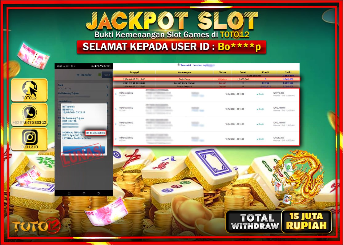 HANYA DI TOTO12 JP PASTI DI BAYAR LUNAS DAN CEPAT!!!!!! JACKPOT SLOT GAME ( MAHJONG WAYS 2 ) Rp.15.000.000 !!!!
