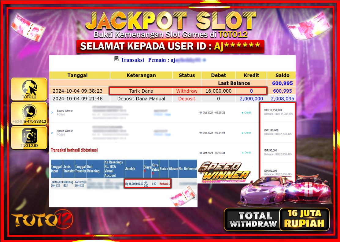 HANYA DI TOTO12 JP PASTI DI BAYAR LUNAS DAN CEPAT!!!!!! JACKPOT SLOT GAME ( SPEED WINNER ) Rp.16.000.000 !!!!