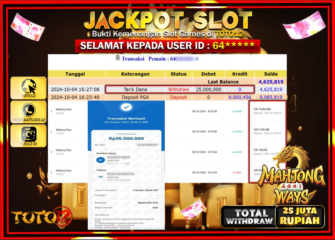 HANYA DI TOTO12 JP PASTI DI BAYAR LUNAS DAN CEPAT!!!!!! JACKPOT SLOT GAME ( MAHJONG WAYS ) Rp.25.000.000 !!!!