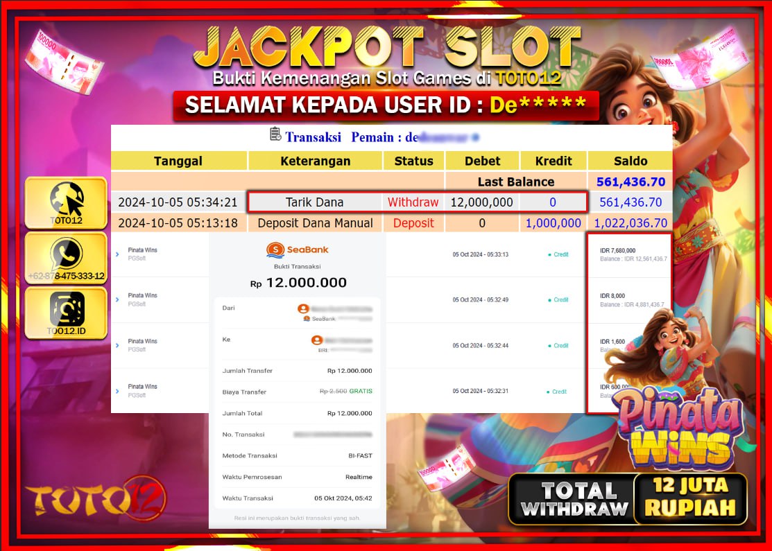 HANYA DI TOTO12 JP PASTI DI BAYAR LUNAS DAN CEPAT!!!!!! JACKPOT SLOT GAME ( PINATA WINS ) Rp.12.000.000 !!!!