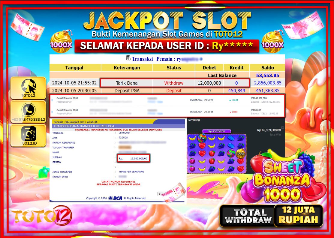 HANYA DI TOTO12 JP PASTI DI BAYAR LUNAS DAN CEPAT!!!!!! JACKPOT SLOT GAME ( SWEET BONANZA 1000 ) Rp.12.000.000 !!!!