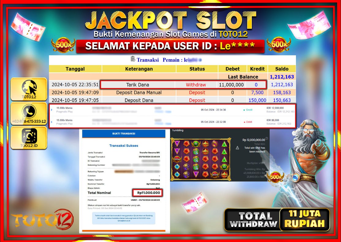 HANYA DI TOTO12 JP PASTI DI BAYAR LUNAS DAN CEPAT!!!!!! JACKPOT SLOT GAME ( 15.000 MANIA ) Rp.11.000.000 !!!!