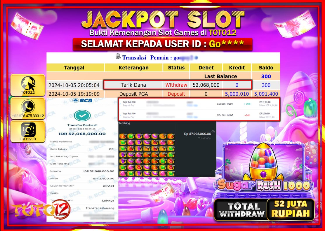 HANYA DI TOTO12 JP PASTI DI BAYAR LUNAS DAN CEPAT!!!!!! JACKPOT SLOT GAME ( SUGAR RUSH 1000 ) Rp.52.000.000 !!!!