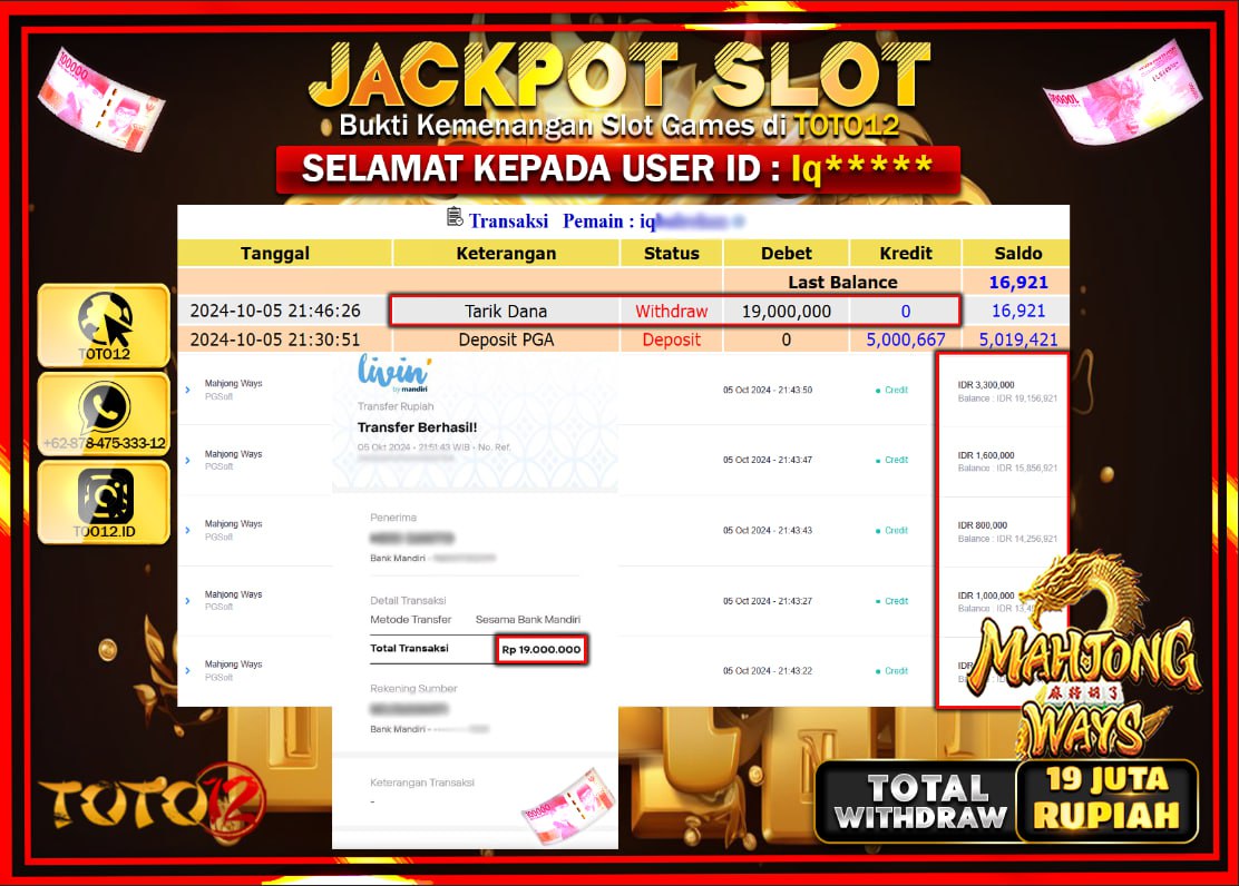 HANYA DI TOTO12 JP PASTI DI BAYAR LUNAS DAN CEPAT!!!!!! JACKPOT SLOT GAME ( MAHJONG WAYS ) Rp.19.000.000 !!!!