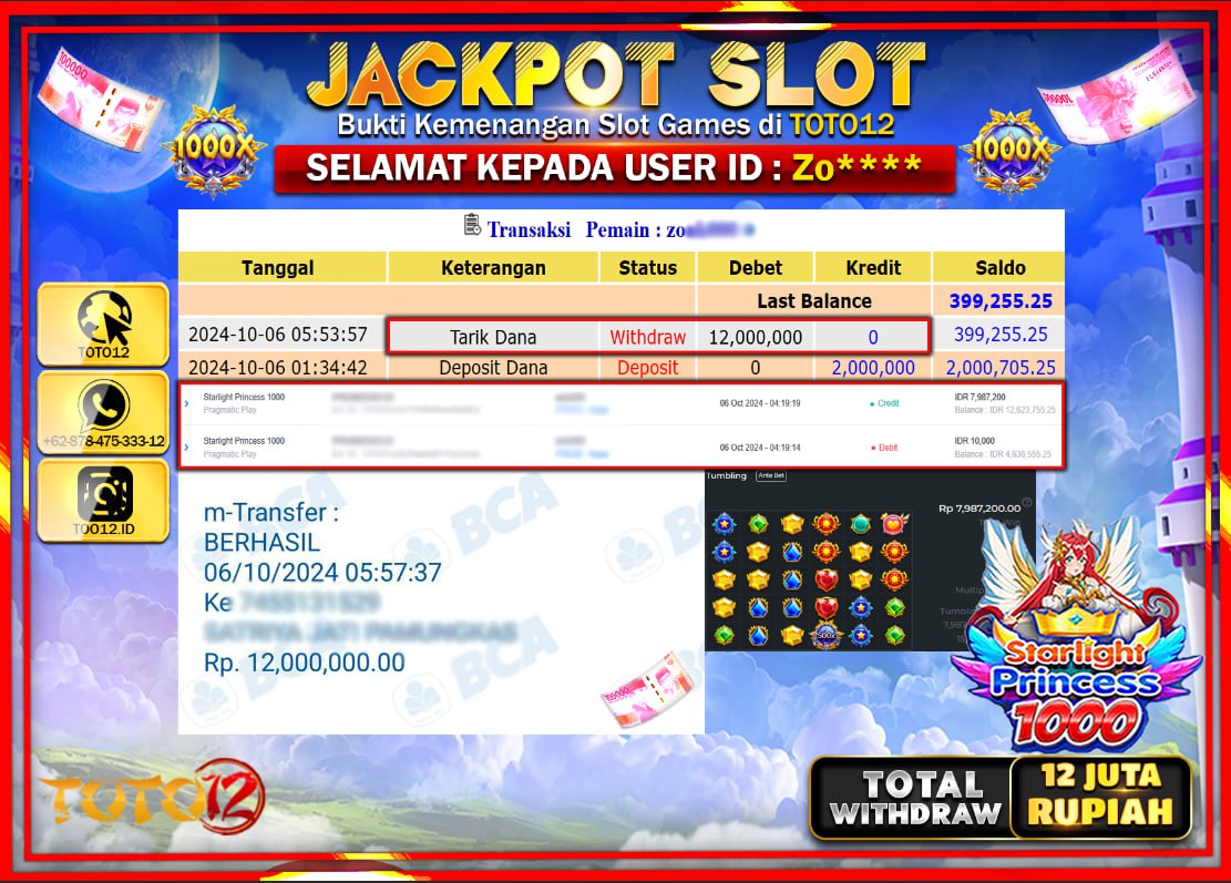 HANYA DI TOTO12 JP PASTI DI BAYAR LUNAS DAN CEPAT!!!!!! JACKPOT SLOT GAME ( STARLIGHT PRINCESS 1000 ) Rp.12.000.000 !!!!