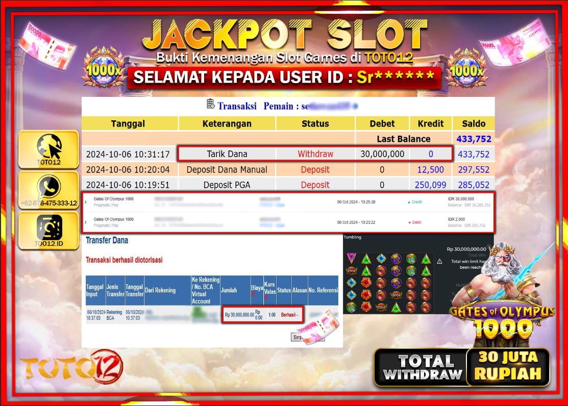 HANYA DI TOTO12 JP PASTI DI BAYAR LUNAS DAN CEPAT!!!!!! JACKPOT SLOT GAME ( GATES OF OLYMPUS 1000 ) Rp.30.000.000 !!!!