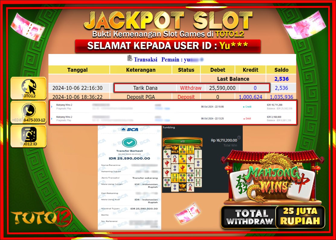 HANYA DI TOTO12 JP PASTI DI BAYAR LUNAS DAN CEPAT!!!!!! JACKPOT SLOT GAME ( MAHJONG WINS ) Rp.25.000.000 !!!!