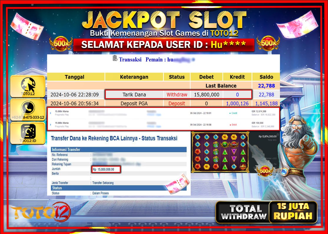 HANYA DI TOTO12 JP PASTI DI BAYAR LUNAS DAN CEPAT!!!!!! JACKPOT SLOT GAME ( 15.000X MANIA ) Rp.15.000.000 !!!!