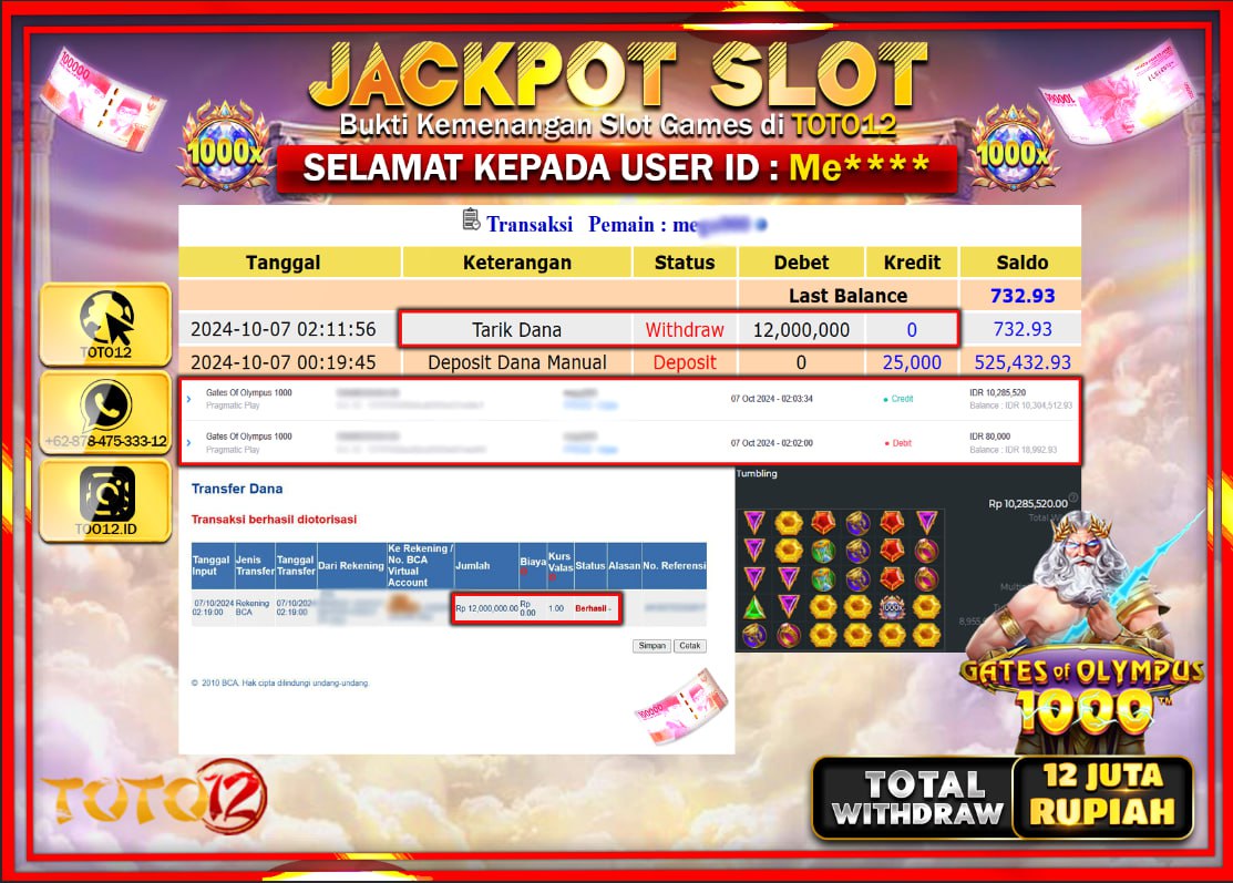 HANYA DI TOTO12 JP PASTI DI BAYAR LUNAS DAN CEPAT!!!!!! JACKPOT SLOT GAME ( GATES OF OLYMPUS 1000 ) Rp.12.000.000 !!!!