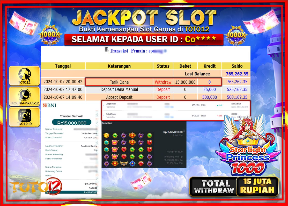 HANYA DI TOTO12 JP PASTI DI BAYAR LUNAS DAN CEPAT!!!!!! JACKPOT SLOT GAME ( STARLIGHT PRINCESS 1000 ) Rp.15.000.000 !!!!