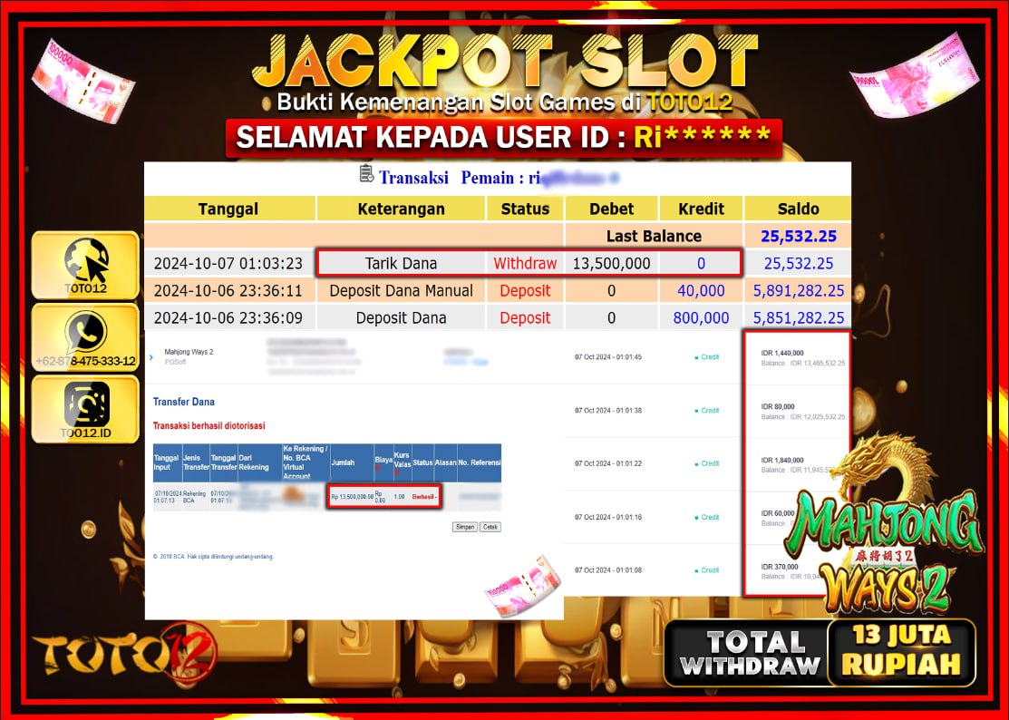 HANYA DI TOTO12 JP PASTI DI BAYAR LUNAS DAN CEPAT!!!!!! JACKPOT SLOT GAME ( MAHJONG WAYS 2 ) Rp.13.000.000 !!!!