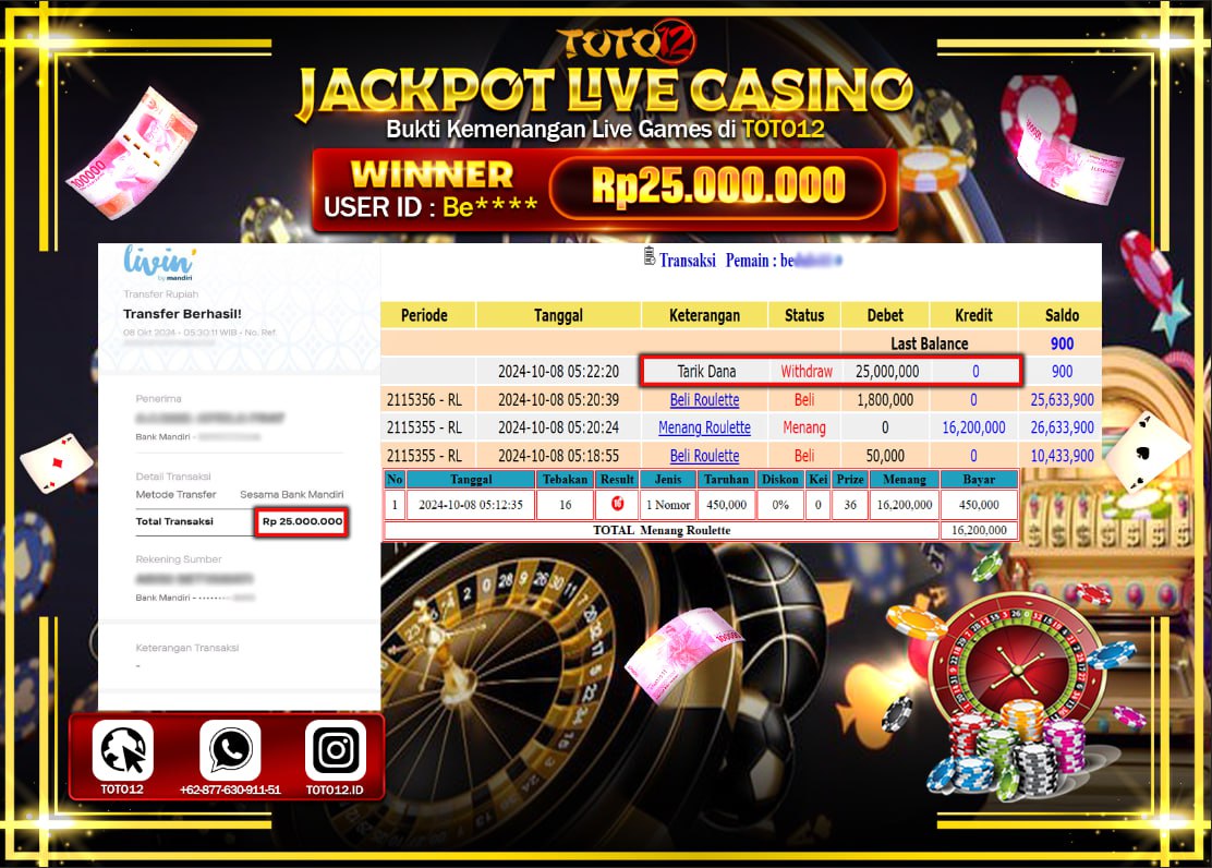 HANYA DI TOTO12 JP PASTI DI BAYAR LUNAS DAN CEPAT!!!!!! JACKPOT LIVE CASINO GAME ( ROULETTE ) Rp.25.000.000 !!!!