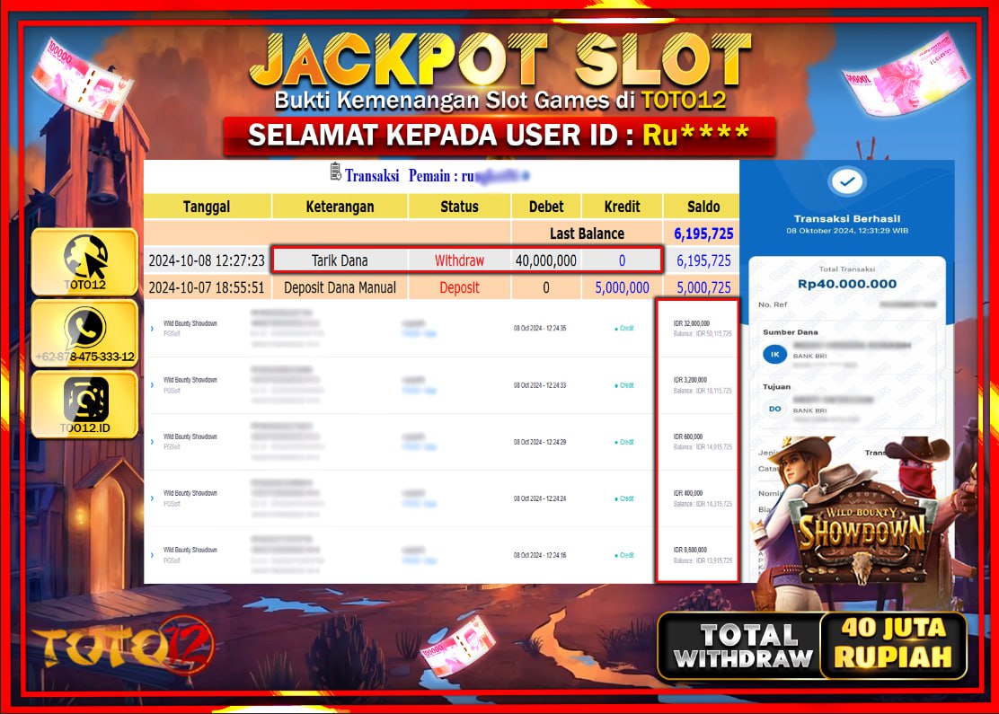 HANYA DI TOTO12 JP PASTI DI BAYAR LUNAS DAN CEPAT!!!!!! JACKPOT SLOT GAME ( WILD BOUNTY SHOWDOWN ) Rp.40.000.000 !!!!