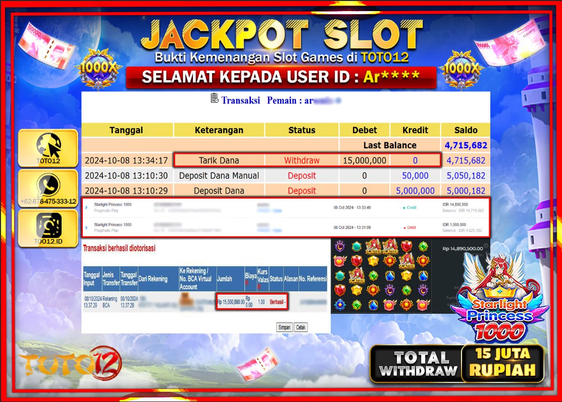 HANYA DI TOTO12 JP PASTI DI BAYAR LUNAS DAN CEPAT!!!!!! JACKPOT SLOT GAME ( STARLIGHT PRINCESS 1000 ) Rp.15.000.000 !!!!