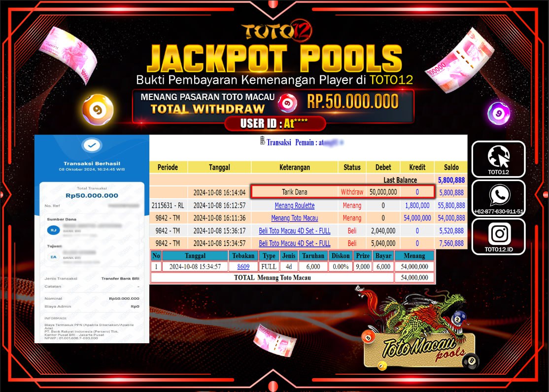 HANYA DI TOTO12 JP PASTI DI BAYAR LUNAS DAN CEPAT!!!!!! JACKPOT POOLS MENANG PASARAN ( TOTOMACAU4D ) Rp.50.000.000 !!!!