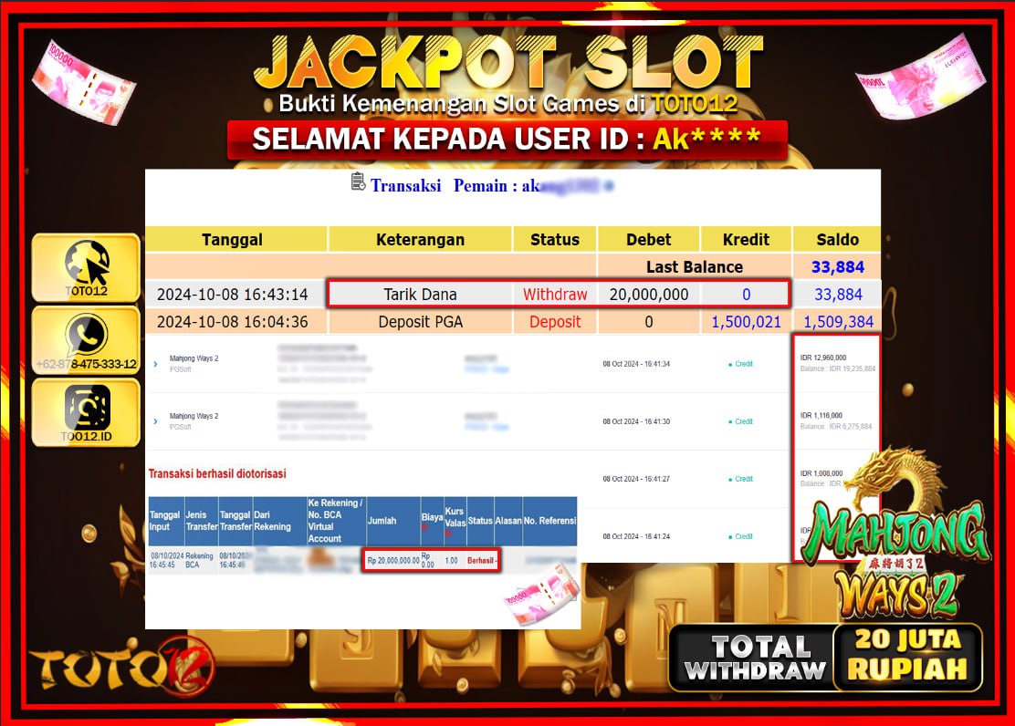 HANYA DI TOTO12 JP PASTI DI BAYAR LUNAS DAN CEPAT!!!!!! JACKPOT SLOT GAME ( MAHJONG WAYS 2 ) Rp.20.000.000 !!!!