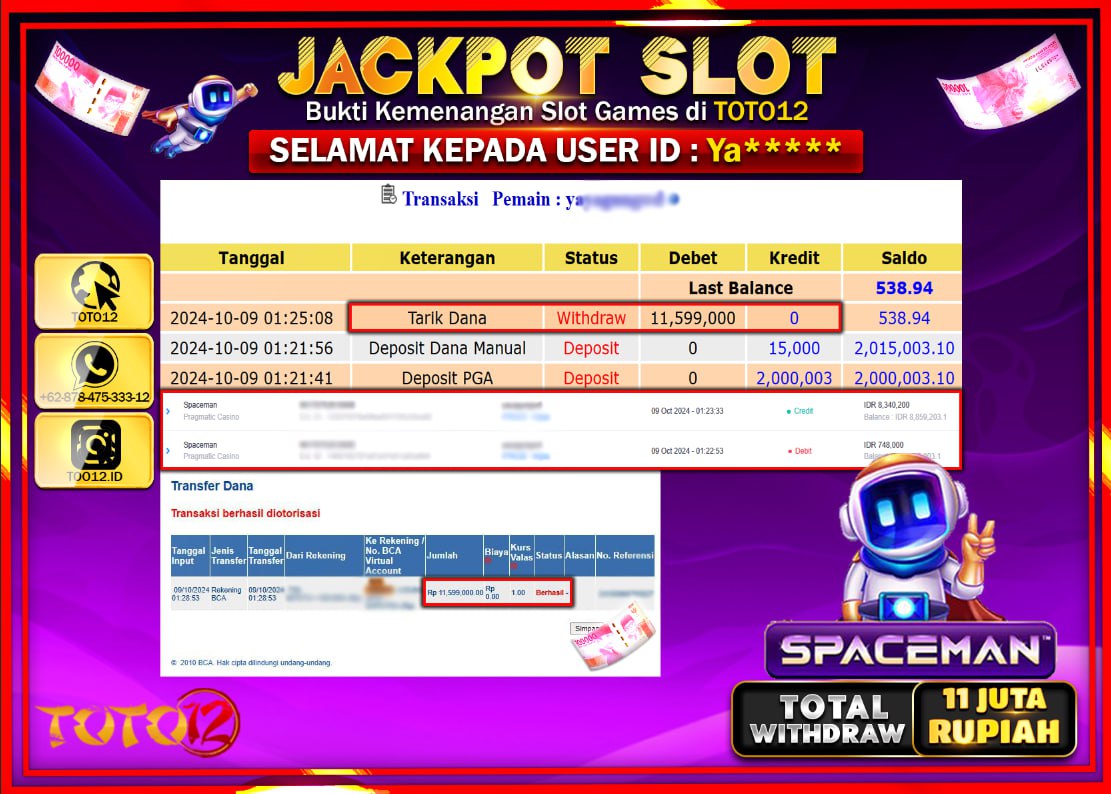 HANYA DI TOTO12 JP PASTI DI BAYAR LUNAS DAN CEPAT!!!!!! JACKPOT SLOT GAME ( SPACEMAN ) Rp.11.000.000 !!!!