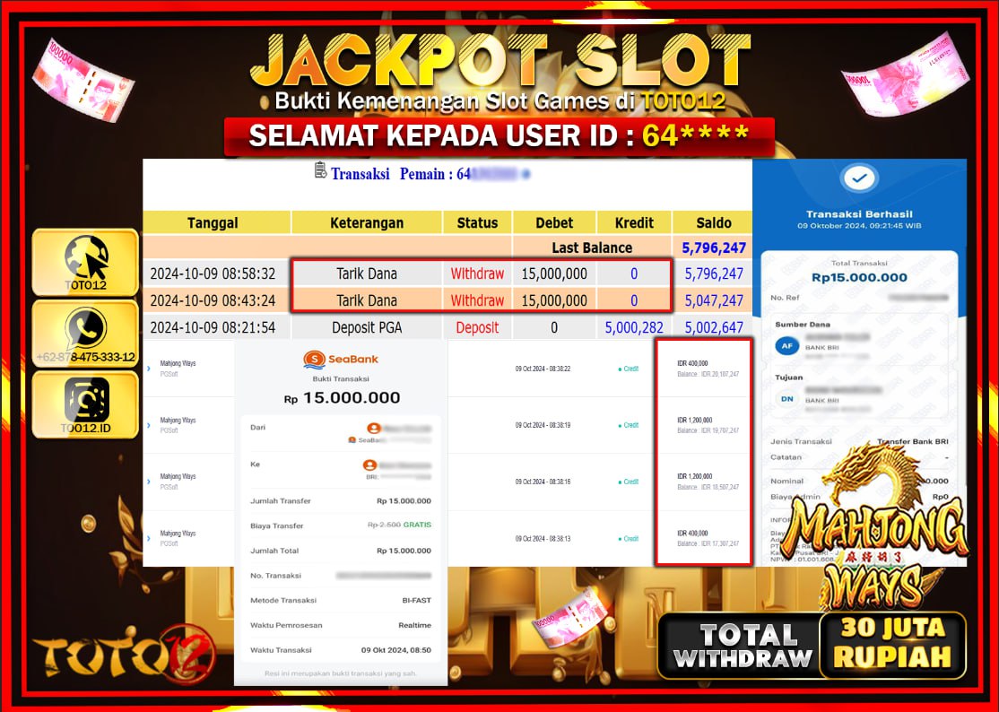 HANYA DI TOTO12 JP PASTI DI BAYAR LUNAS DAN CEPAT!!!!!! JACKPOT SLOT GAME ( MAHJONG WAYS ) Rp.30.000.000 !!!!