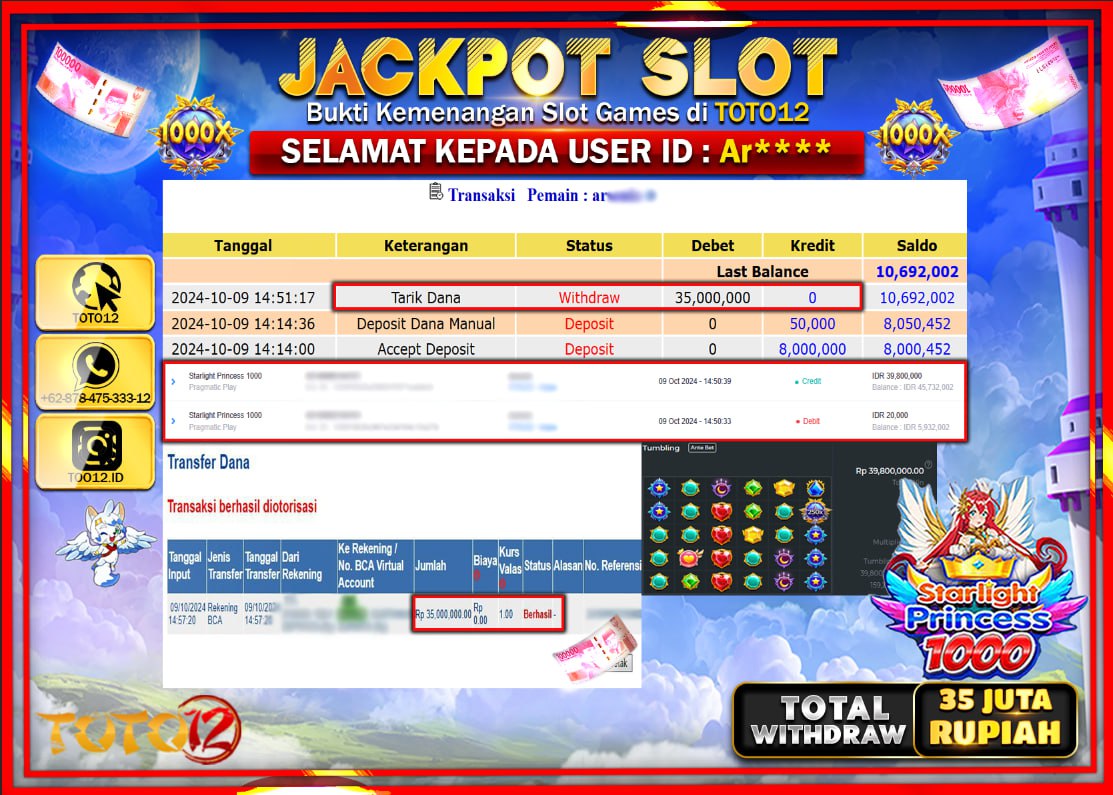 HANYA DI TOTO12 JP PASTI DI BAYAR LUNAS DAN CEPAT!!!!!! JACKPOT SLOT GAME ( STARLIGHT PRINCESS 1000 ) Rp.35.000.000 !!!!