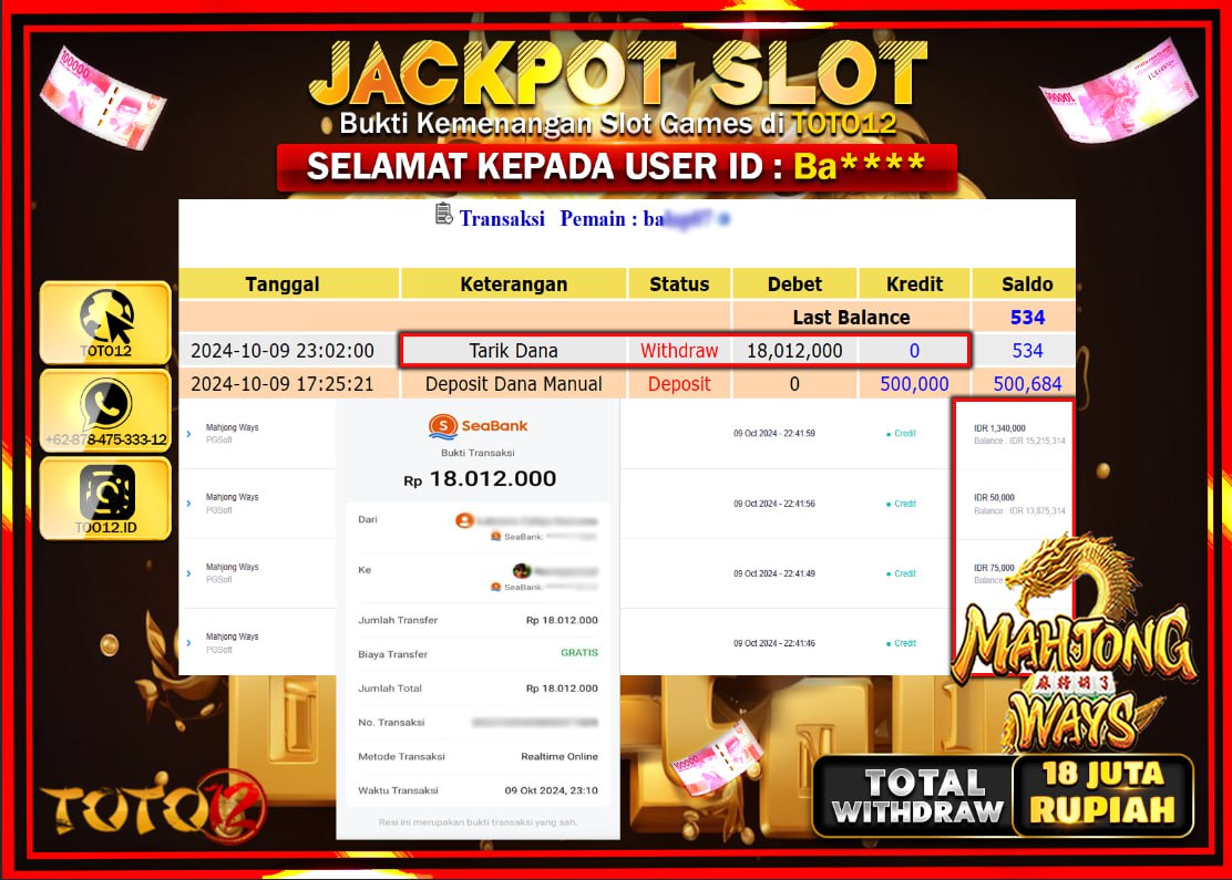 HANYA DI TOTO12 JP PASTI DI BAYAR LUNAS DAN CEPAT!!!!!! JACKPOT SLOT GAME ( MAHJONG WAYS ) Rp.18.000.000 !!!!
