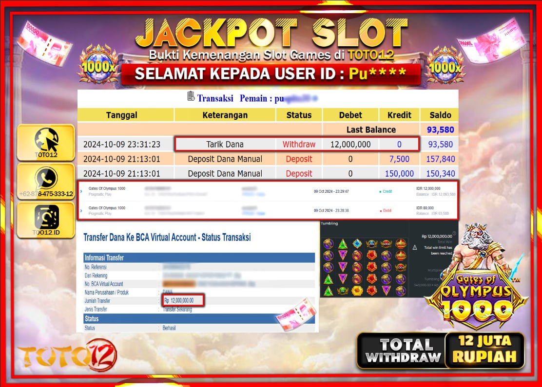HANYA DI TOTO12 JP PASTI DI BAYAR LUNAS DAN CEPAT!!!!!! JACKPOT SLOT GAME ( GATES OF OLYMPUS 1000 ) Rp.12.000.000 !!!!