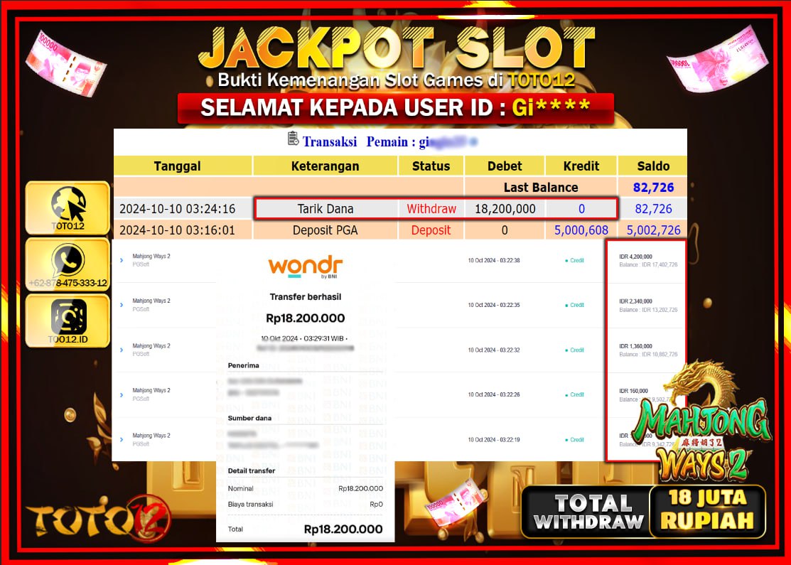 HANYA DI TOTO12 JP PASTI DI BAYAR LUNAS DAN CEPAT!!!!!! JACKPOT SLOT GAME ( MAHJONG WAYS 2 ) Rp.18.000.000 !!!!