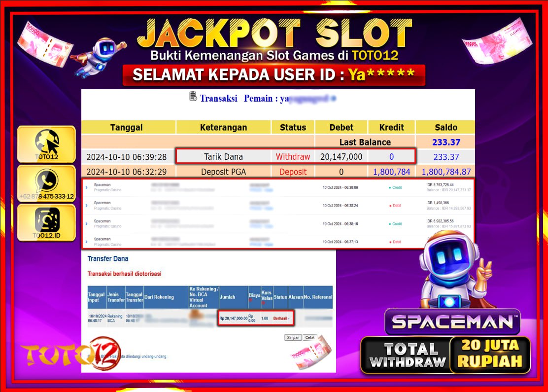 HANYA DI TOTO12 JP PASTI DI BAYAR LUNAS DAN CEPAT!!!!!! JACKPOT SLOT GAME ( SPACEMAN ) Rp.20.000.000 !!!!