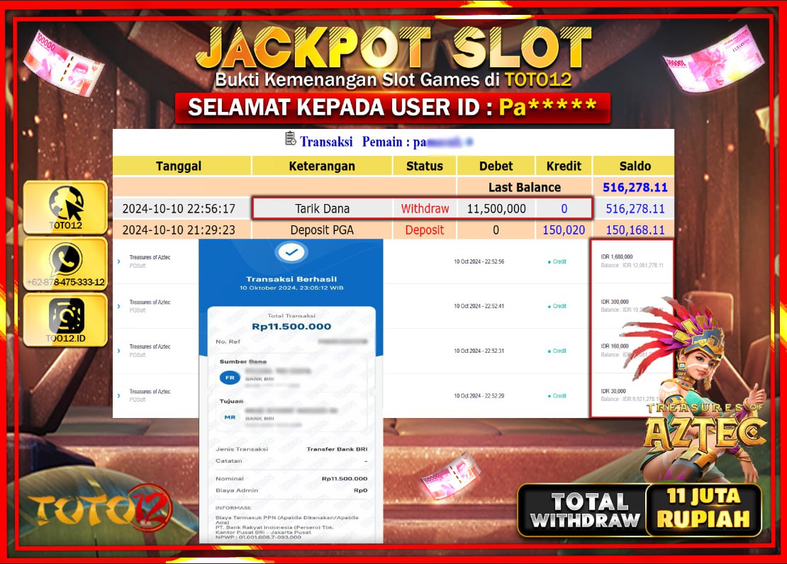 HANYA DI TOTO12 JP PASTI DI BAYAR LUNAS DAN CEPAT!!!!!! JACKPOT SLOT GAME ( TREASURE OF AZTEC ) Rp.11.000.000 !!!!