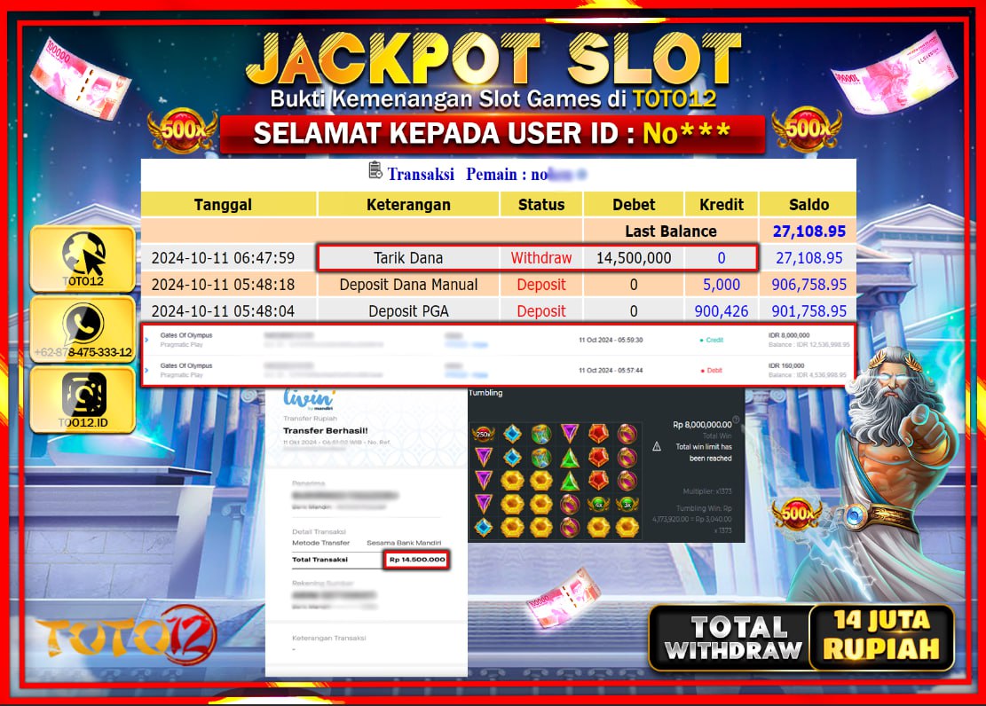 HANYA DI TOTO12 JP PASTI DI BAYAR LUNAS DAN CEPAT!!!!!! JACKPOT SLOT GAME ( GATES OF OLYMPUS ) Rp.14.000.000 !!!!