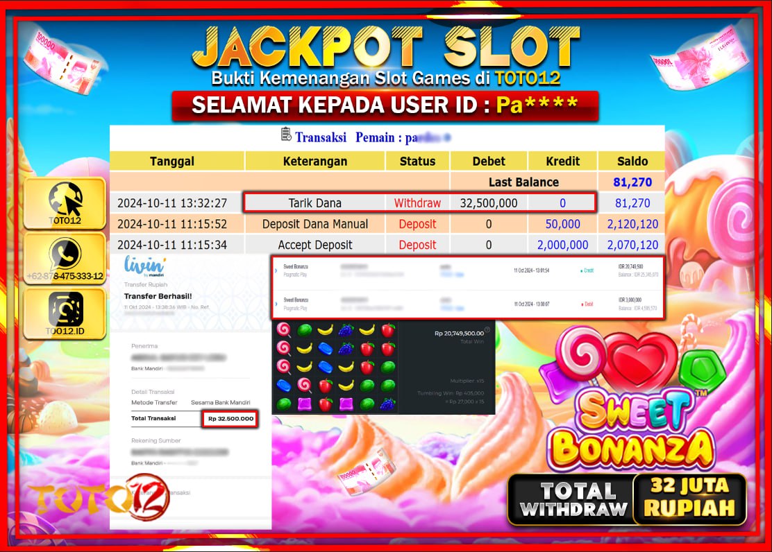 HANYA DI TOTO12 JP PASTI DI BAYAR LUNAS DAN CEPAT!!!!!! JACKPOT SLOT GAME ( SWEET BONANZA  ) Rp.32.500.000 !!!!