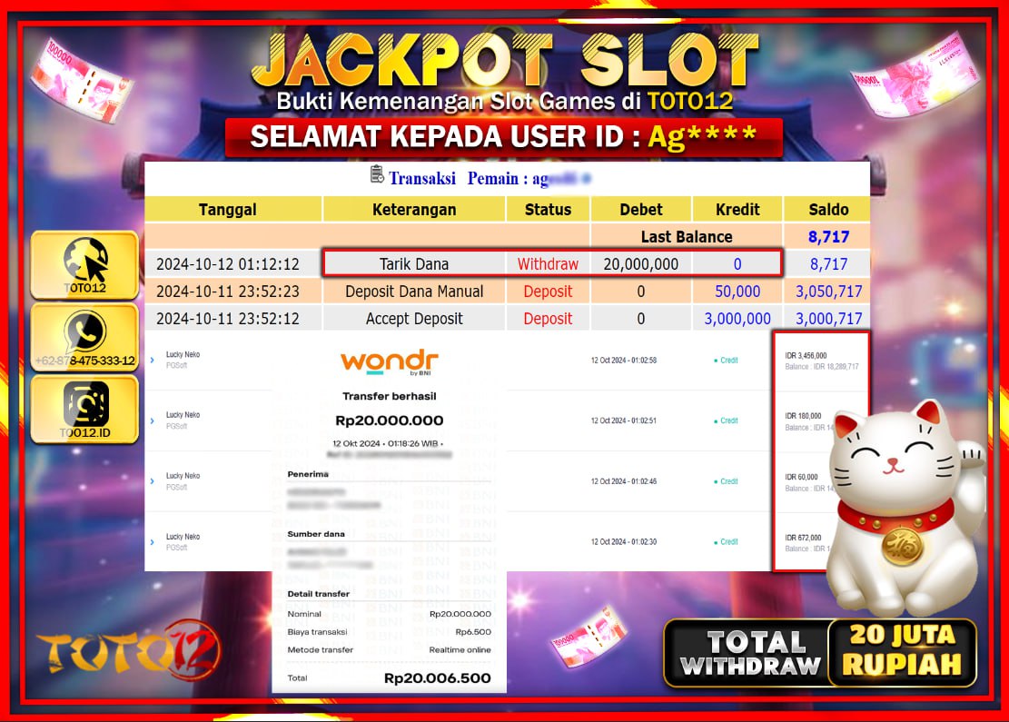 HANYA DI TOTO12 JP PASTI DI BAYAR LUNAS DAN CEPAT!!!!!! JACKPOT SLOT GAME ( LUCKY NEKO ) Rp.20.000.000 !!!!