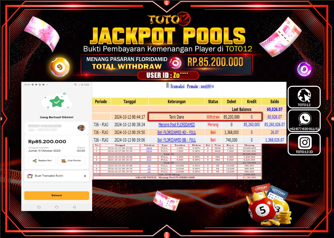 HANYA DI TOTO12 JP PASTI DI BAYAR LUNAS DAN CEPAT!!!!!! JACKPOT POOLS MENANG PASARAN ( FLORIDAMID ) Rp.85.200.000 !!!!